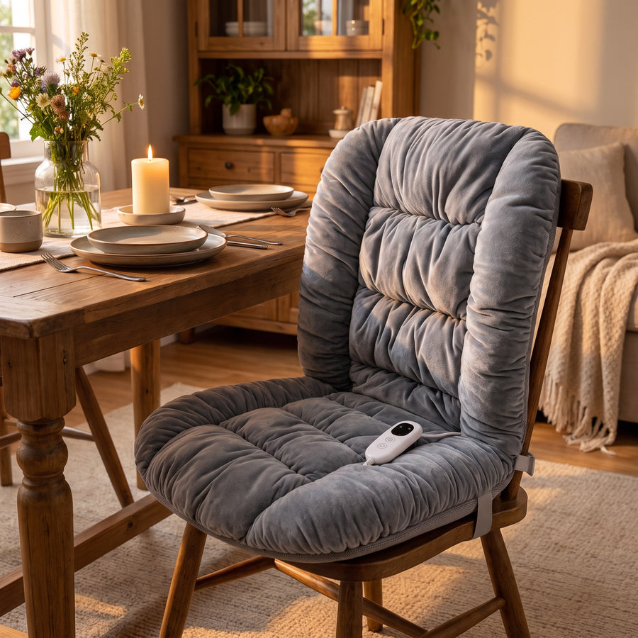 Plush heated chair cushion on a dining chair in a warm home interior