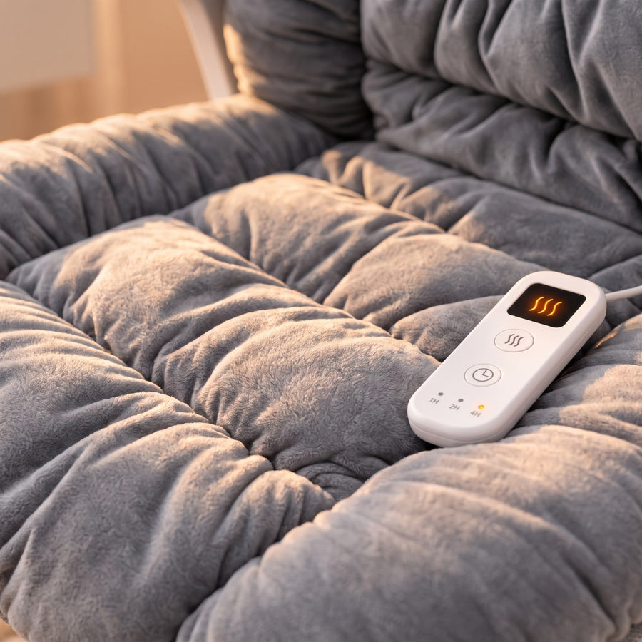 Close-up of the cushion's soft padded fabric and wired heating controller