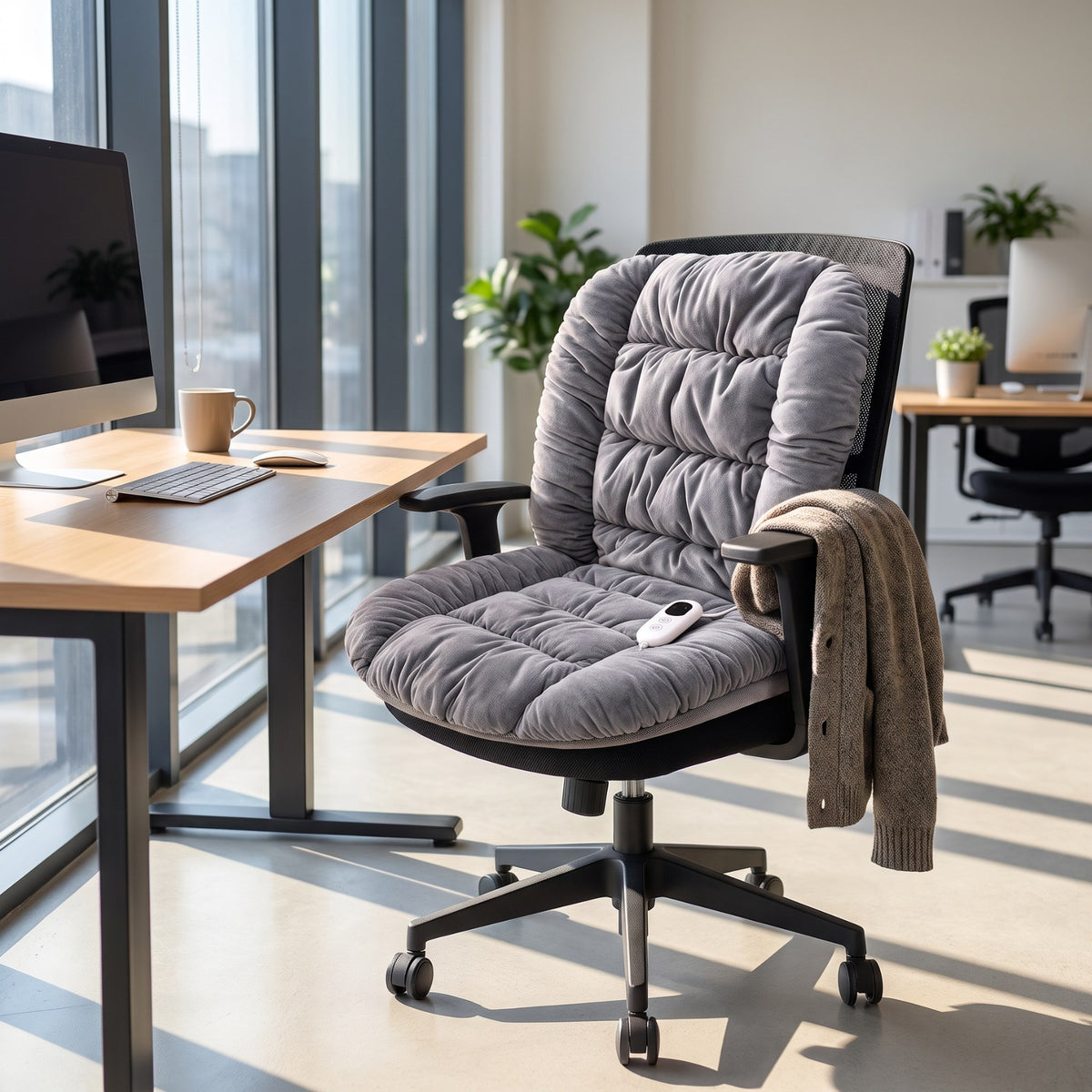 Plush heated cushion fitted on a modern office chair