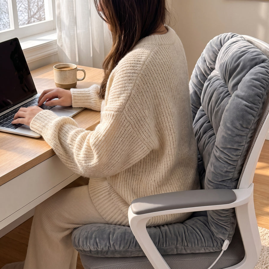 Heated seat and back cushion used at a home office desk