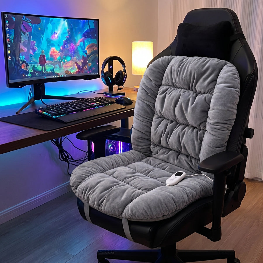 Plush heated cushion fitted on a gaming chair beside a computer setup