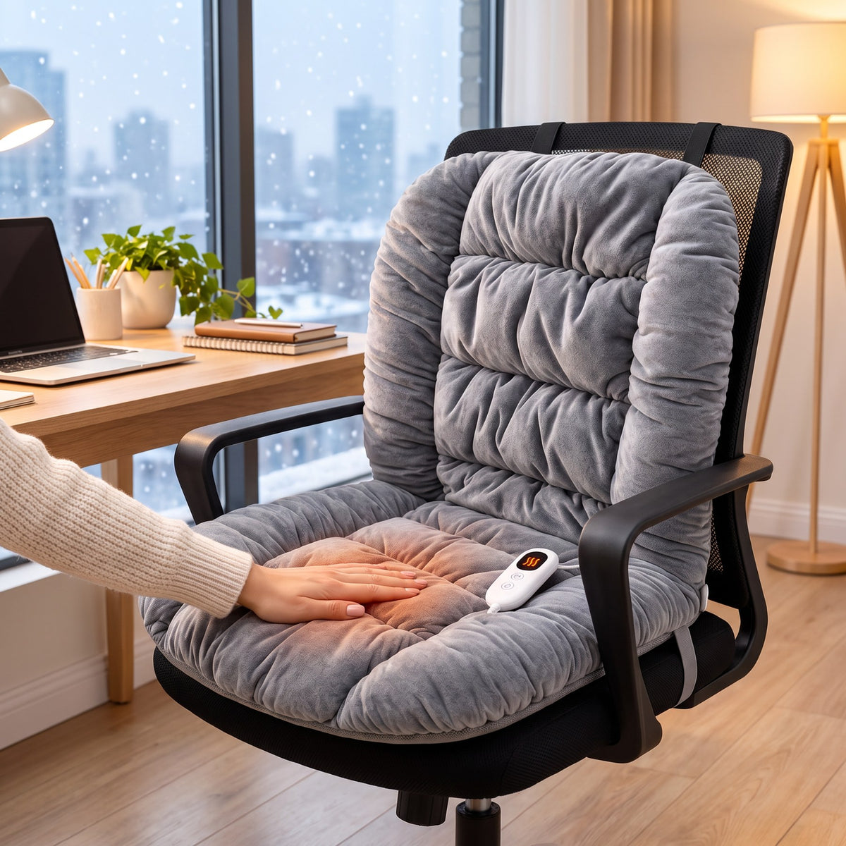 Close view of a plush heated chair cushion in a winter setting